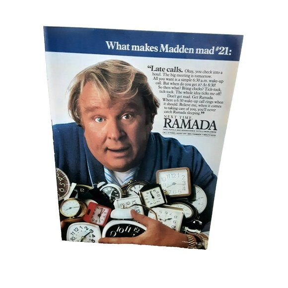 Vintage 1986 Ramada Inn Print Ad John Madden Advertising Clock Theme - Picture 1 of 1